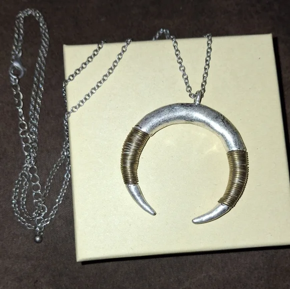 Mixed Metal Double Horn Crescent Silvertone Statement Pendant Necklace - Picture 5 of 7